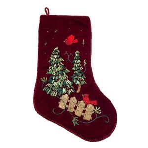 Vintage Prima Creations Cardinals & Christmas Trees Velvet Embroidered Stocking